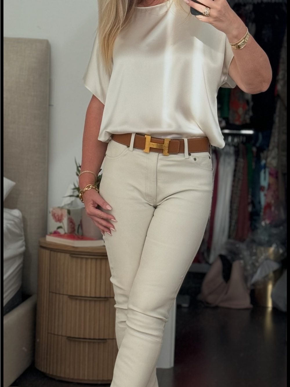 Ralph Lauren Leather Cream High-Rise Slim Jeans